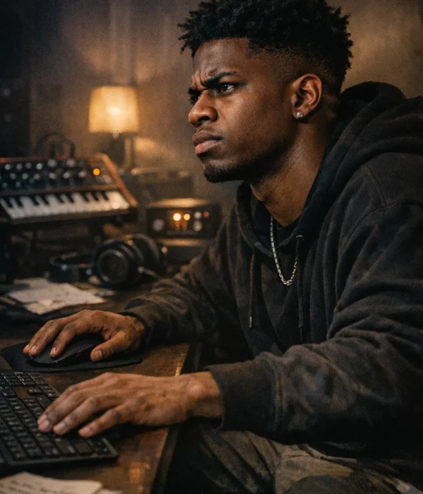 Frustrated home-studio musician at his desk